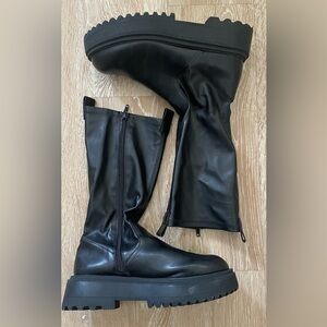 Zara women’s chunky fitted black mid calf lug boots vegan leather; size 36 / 6
